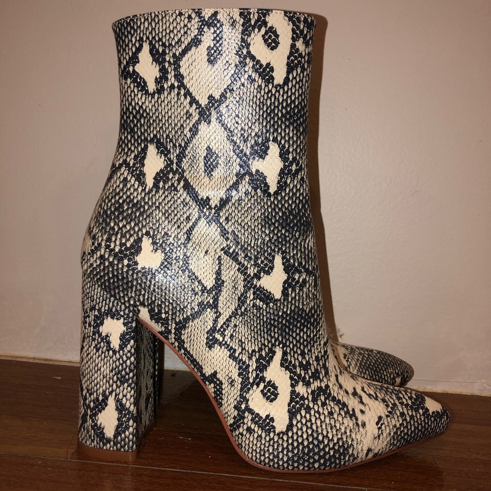 Tan Snake Print Block Heel Booties
